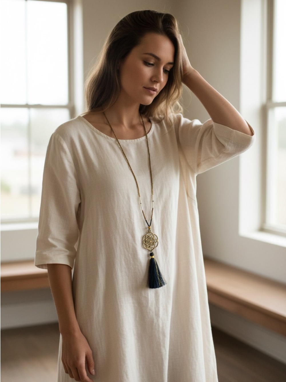 Eternal knot mandala pendant necklace with tassel Gold, Black & White Beads